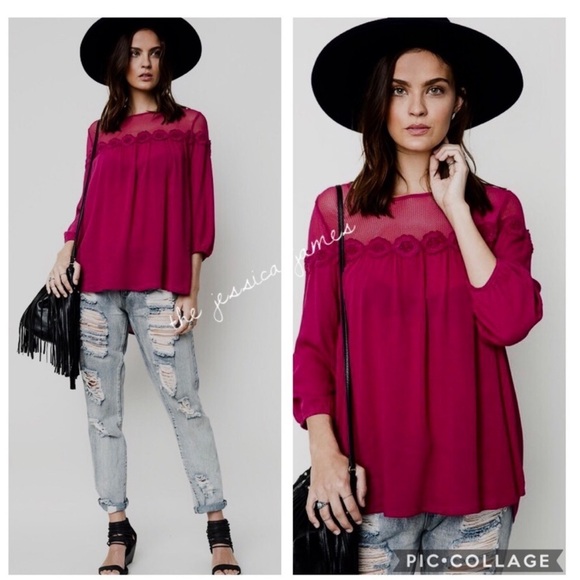 Hayden Blouse Mesh Floral Appliqué Berry Red Women’s Top NEW - Picture 3 of 7